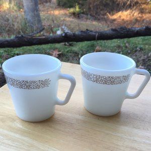 Two Vintage Pyrex Woodland White Milk Glass Mugs with Brown Flowers
